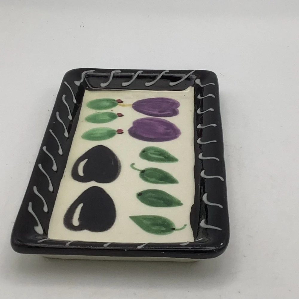 Vintage Crate&Barrel Hand Painted Ceramic Dipping Tray with Olive Design
